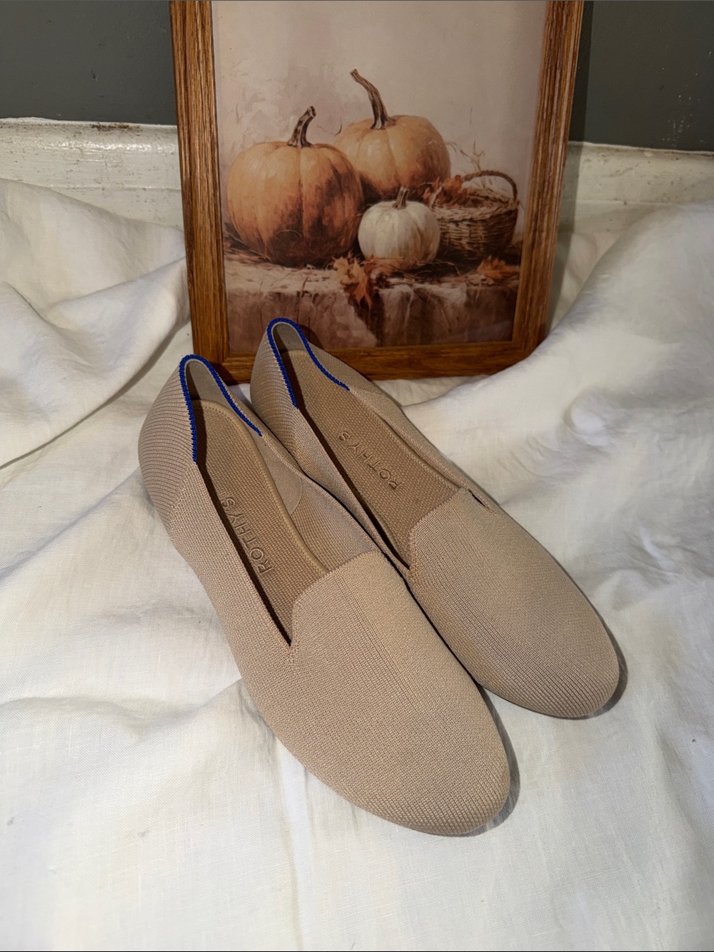 Rothy's Beige Knit Slip-On Flats with Blue Trim